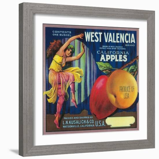 West Valencia Apple Crate Label - Watsonville, CA-Lantern Press-Framed Art Print