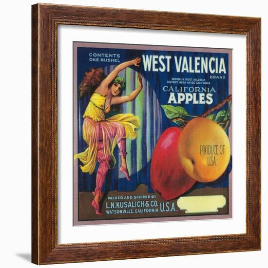 West Valencia Apple Crate Label - Watsonville, CA-Lantern Press-Framed Art Print