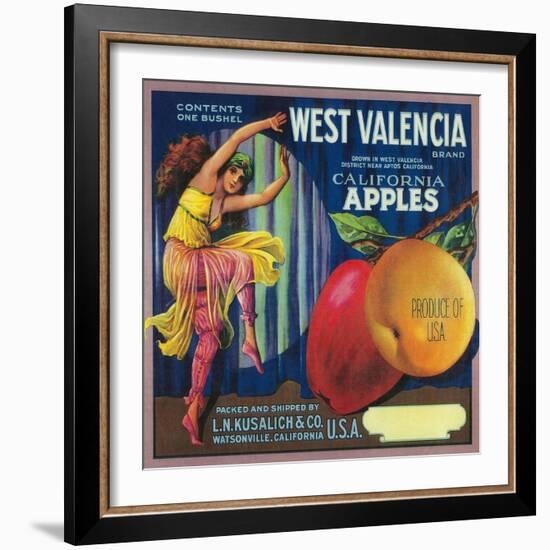 West Valencia Apple Crate Label - Watsonville, CA-Lantern Press-Framed Art Print