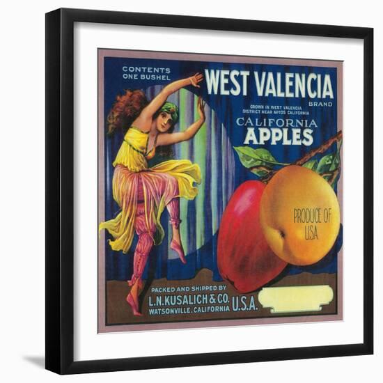 West Valencia Apple Crate Label - Watsonville, CA-Lantern Press-Framed Art Print