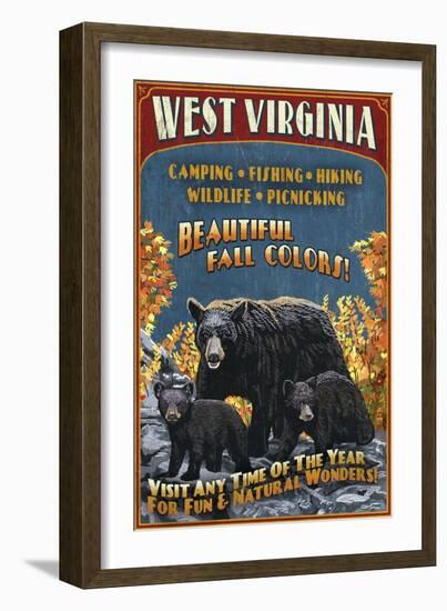West Virginia - Black Bear Family-Lantern Press-Framed Art Print