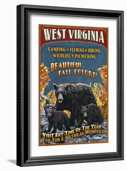 West Virginia - Black Bear Family-Lantern Press-Framed Art Print