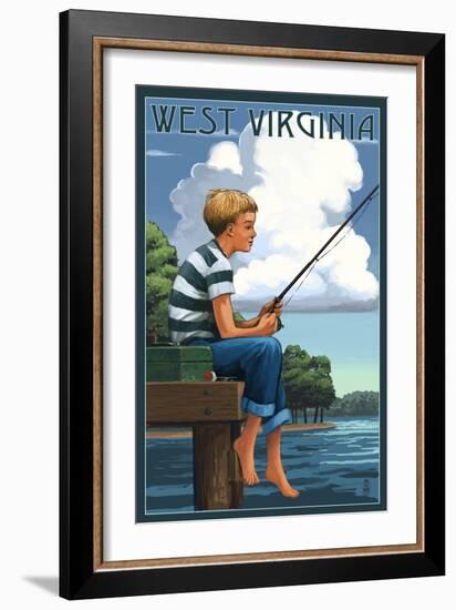 West Virginia - Boy Fishing-Lantern Press-Framed Art Print