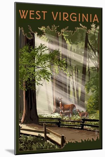 West Virginia - Deer and Fawns-Lantern Press-Mounted Art Print