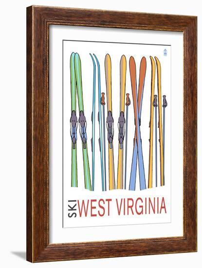 West Virginia - Skis in Snow-Lantern Press-Framed Art Print