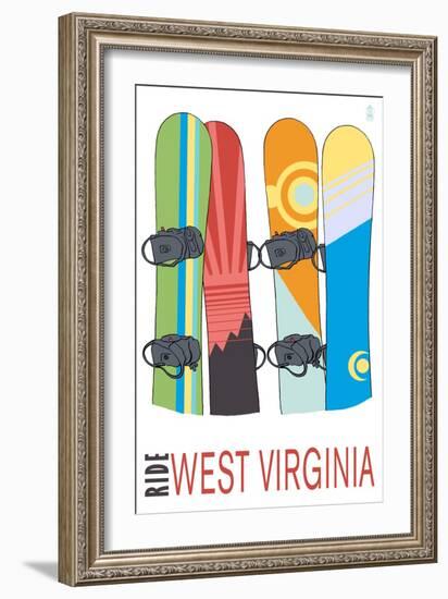 West Virginia - Snowboards in Snow-Lantern Press-Framed Art Print