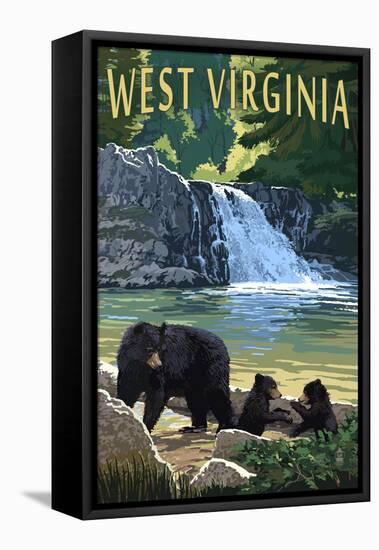 West Virginia - Waterfall and Bears-Lantern Press-Framed Stretched Canvas