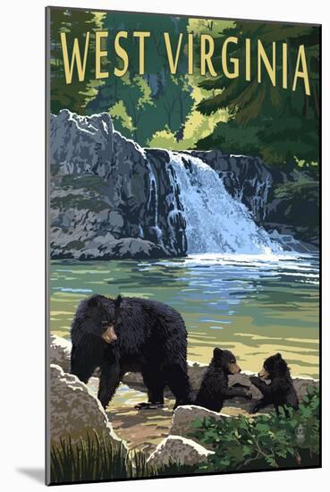 West Virginia - Waterfall and Bears-Lantern Press-Mounted Art Print