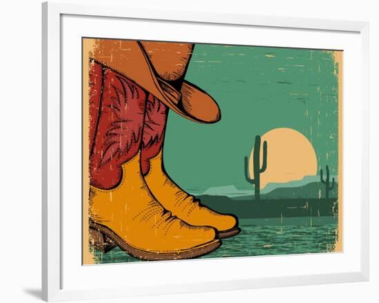 Western Background With Cowboy Shoes And Desert Landscape On Old Paper-GeraKTV-Framed Art Print