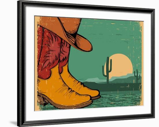 Western Background With Cowboy Shoes And Desert Landscape On Old Paper-GeraKTV-Framed Art Print