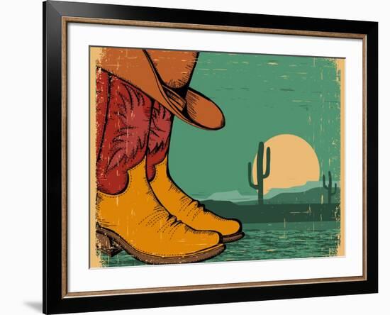 Western Background With Cowboy Shoes And Desert Landscape On Old Paper-GeraKTV-Framed Art Print