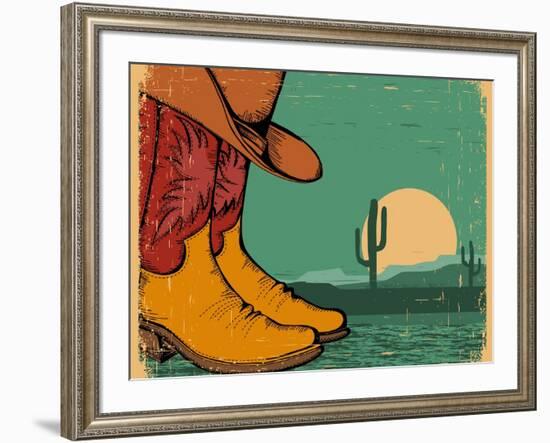 Western Background With Cowboy Shoes And Desert Landscape On Old Paper-GeraKTV-Framed Art Print