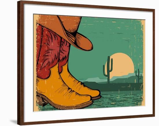 Western Background With Cowboy Shoes And Desert Landscape On Old Paper-GeraKTV-Framed Art Print