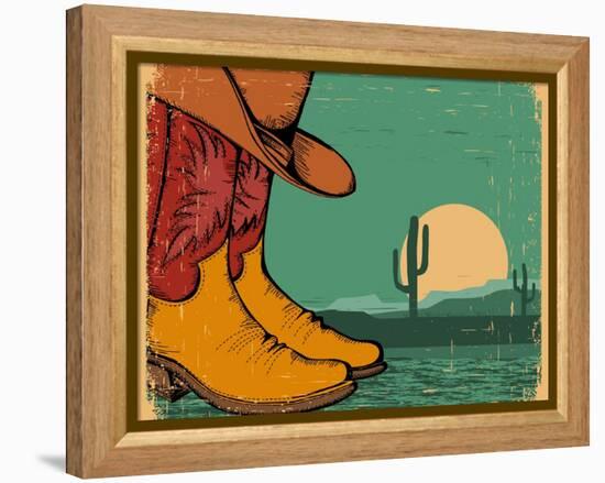 Western Background With Cowboy Shoes And Desert Landscape On Old Paper-GeraKTV-Framed Stretched Canvas