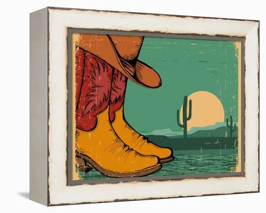 Western Background With Cowboy Shoes And Desert Landscape On Old Paper-GeraKTV-Framed Stretched Canvas