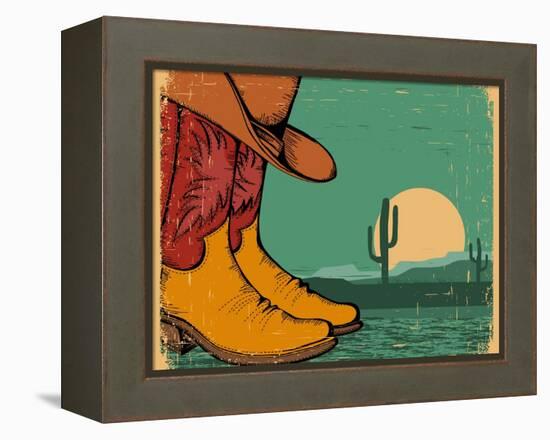 Western Background With Cowboy Shoes And Desert Landscape On Old Paper-GeraKTV-Framed Stretched Canvas