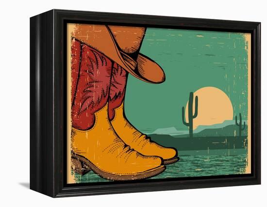 Western Background With Cowboy Shoes And Desert Landscape On Old Paper-GeraKTV-Framed Stretched Canvas