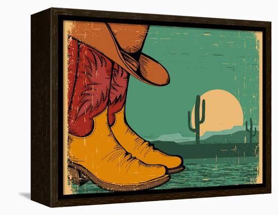 Western Background With Cowboy Shoes And Desert Landscape On Old Paper-GeraKTV-Framed Stretched Canvas