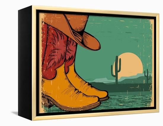 Western Background With Cowboy Shoes And Desert Landscape On Old Paper-GeraKTV-Framed Stretched Canvas