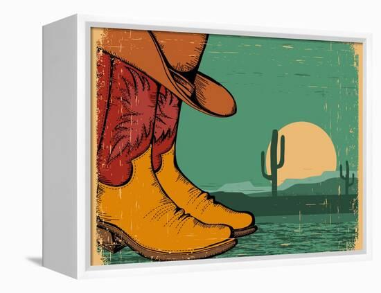 Western Background With Cowboy Shoes And Desert Landscape On Old Paper-GeraKTV-Framed Stretched Canvas