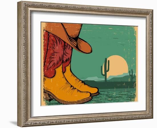 Western Background With Cowboy Shoes And Desert Landscape On Old Paper-GeraKTV-Framed Art Print