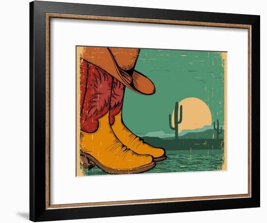 Western Background With Cowboy Shoes And Desert Landscape On Old Paper-GeraKTV-Framed Art Print