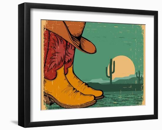 Western Background With Cowboy Shoes And Desert Landscape On Old Paper-GeraKTV-Framed Art Print