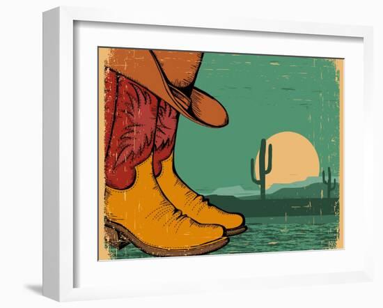 Western Background With Cowboy Shoes And Desert Landscape On Old Paper-GeraKTV-Framed Art Print