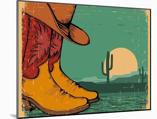 Western Background With Cowboy Shoes And Desert Landscape On Old Paper-GeraKTV-Mounted Art Print