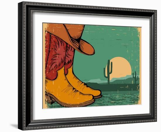 Western Background With Cowboy Shoes And Desert Landscape On Old Paper-GeraKTV-Framed Art Print