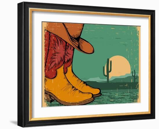 Western Background With Cowboy Shoes And Desert Landscape On Old Paper-GeraKTV-Framed Art Print