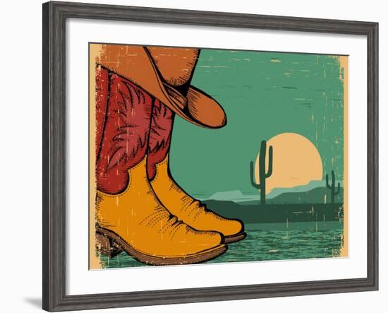 Western Background With Cowboy Shoes And Desert Landscape On Old Paper-GeraKTV-Framed Art Print