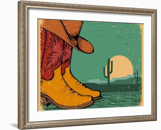 Western Background With Cowboy Shoes And Desert Landscape On Old Paper-GeraKTV-Framed Art Print