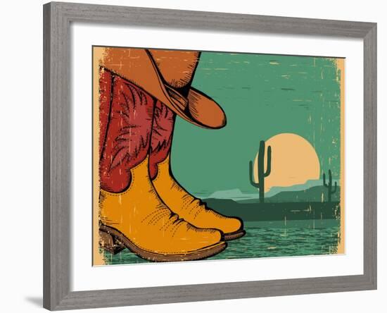 Western Background With Cowboy Shoes And Desert Landscape On Old Paper-GeraKTV-Framed Art Print