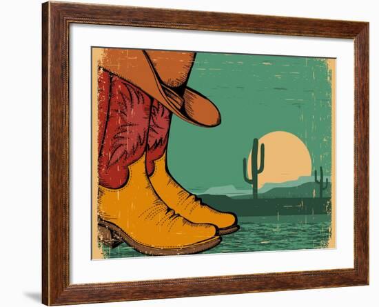 Western Background With Cowboy Shoes And Desert Landscape On Old Paper-GeraKTV-Framed Art Print