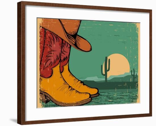 Western Background With Cowboy Shoes And Desert Landscape On Old Paper-GeraKTV-Framed Art Print