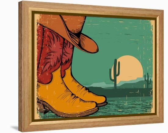 Western Background With Cowboy Shoes And Desert Landscape On Old Paper-GeraKTV-Framed Stretched Canvas