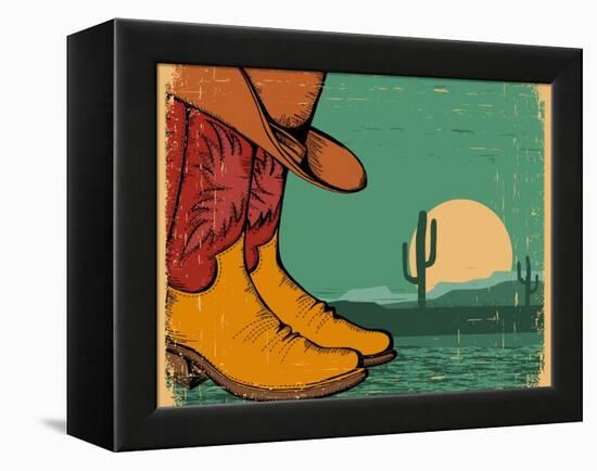 Western Background With Cowboy Shoes And Desert Landscape On Old Paper-GeraKTV-Framed Stretched Canvas