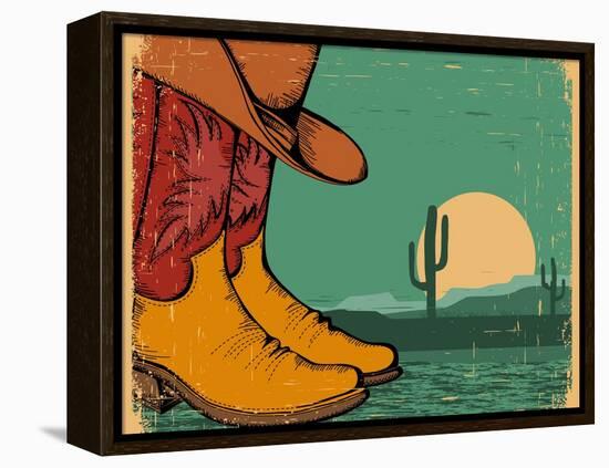 Western Background With Cowboy Shoes And Desert Landscape On Old Paper-GeraKTV-Framed Stretched Canvas