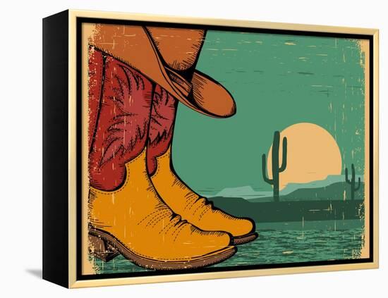 Western Background With Cowboy Shoes And Desert Landscape On Old Paper-GeraKTV-Framed Stretched Canvas