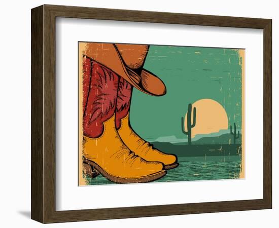 Western Background With Cowboy Shoes And Desert Landscape On Old Paper-GeraKTV-Framed Premium Giclee Print