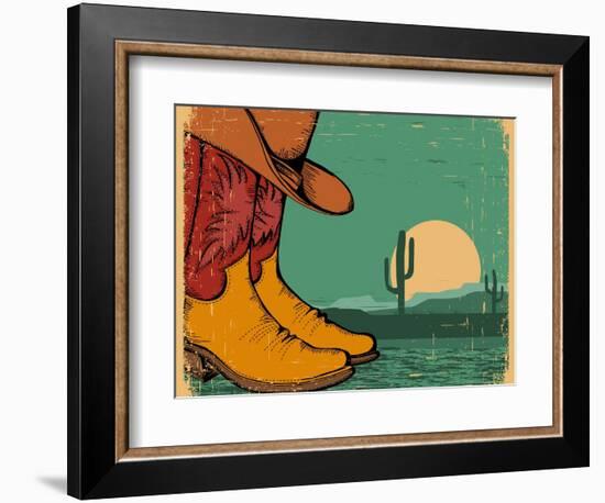 Western Background With Cowboy Shoes And Desert Landscape On Old Paper-GeraKTV-Framed Premium Giclee Print