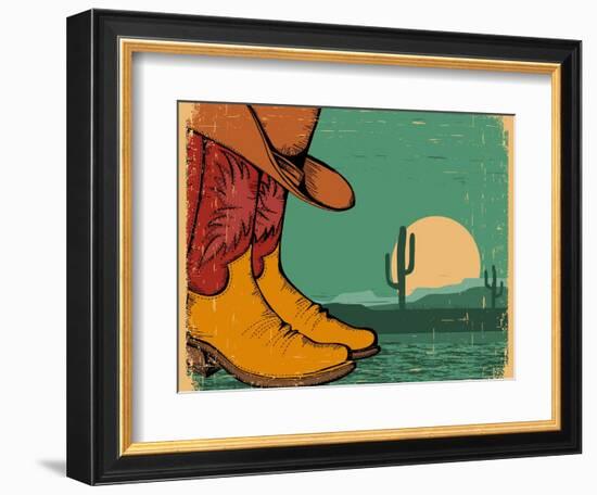 Western Background With Cowboy Shoes And Desert Landscape On Old Paper-GeraKTV-Framed Premium Giclee Print