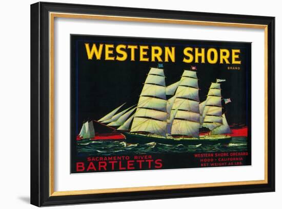 Western Shore Pear Crate Label - Hood, CA-Lantern Press-Framed Art Print