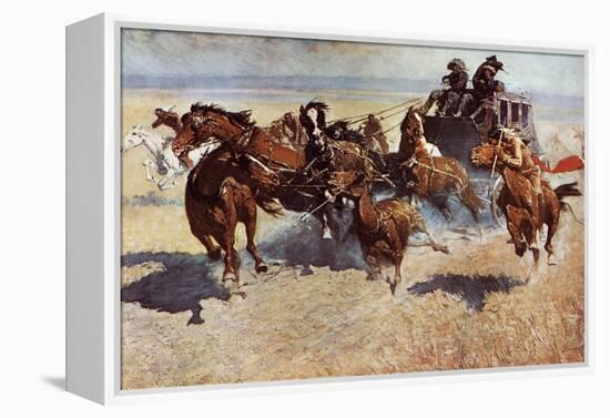 Western Stagecoach Fighting Off Native Americans on the Plains-null-Framed Premier Image Canvas