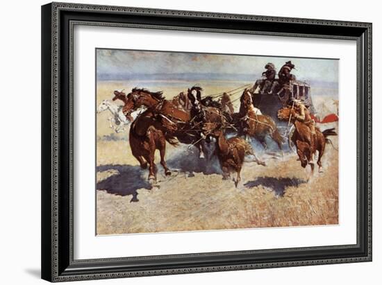 Western Stagecoach Fighting Off Native Americans on the Plains-null-Framed Giclee Print