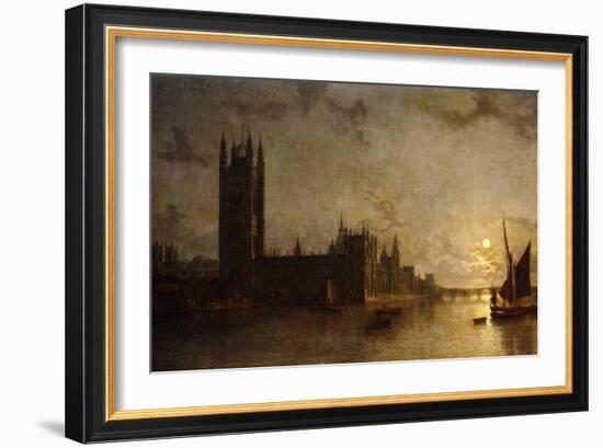 Westminster Abbey, the Houses of Parliament with the Construction of Westminster Bridge, 1859-Henry Pether-Framed Giclee Print