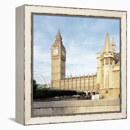 Westminster and Big Ben with Millennium Wheel in the background-null-Framed Premier Image Canvas