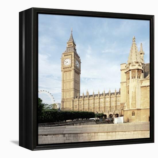 Westminster and Big Ben with Millennium Wheel in the background-null-Framed Premier Image Canvas