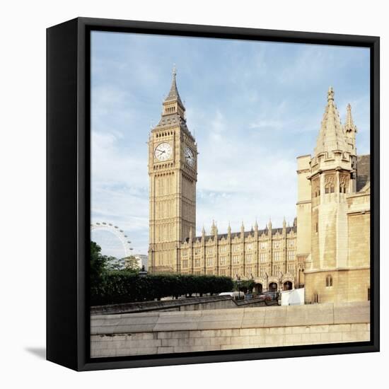 Westminster and Big Ben with Millennium Wheel in the background-null-Framed Premier Image Canvas